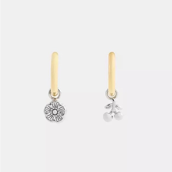 NWT Coach Mini Tea Rose And Cherry Charm Hoop Earrings - Picture 1 of 4